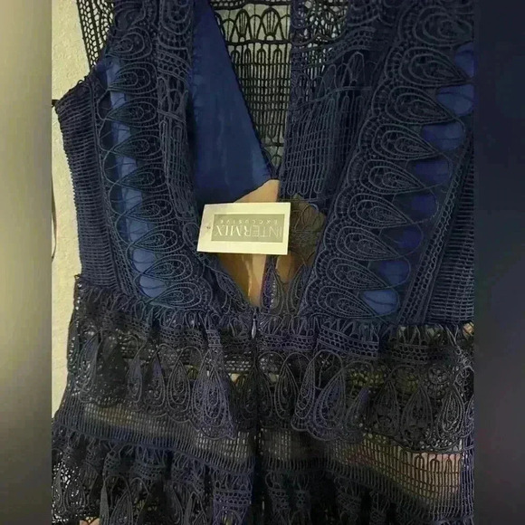 NWT Self Portrait Teardrop Paneled Guipure Lace Mini Dress in Navy Sz US 8 $555 - Picture 6 of 7